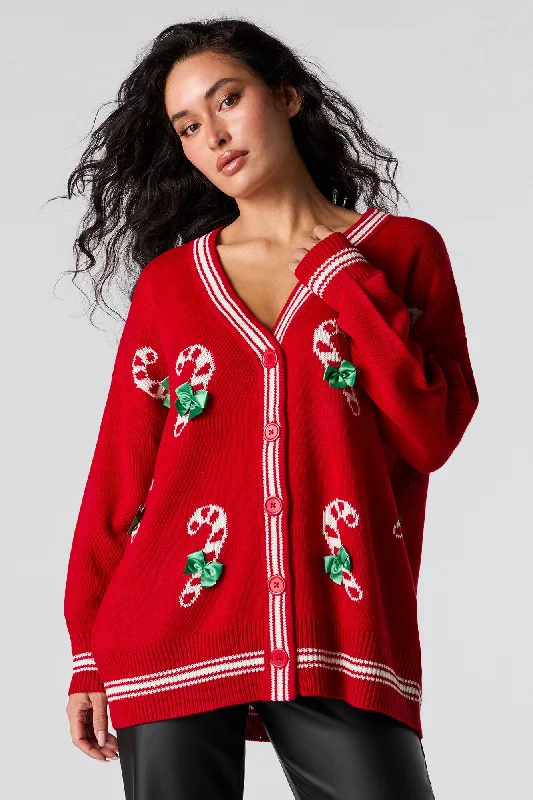 Candy Cane Jacquard Knit Christmas Cardigan