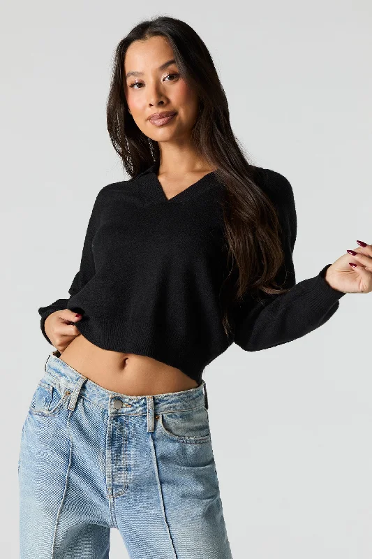 V-Neck Collared Cropped Long Sleeve Sweater