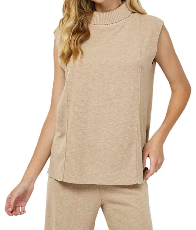 Chat With Me Sleeveless Sweater Top In Taupe