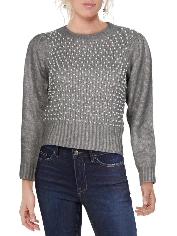 Cindy Womens Pearl Embellished Knit Crop Sweater