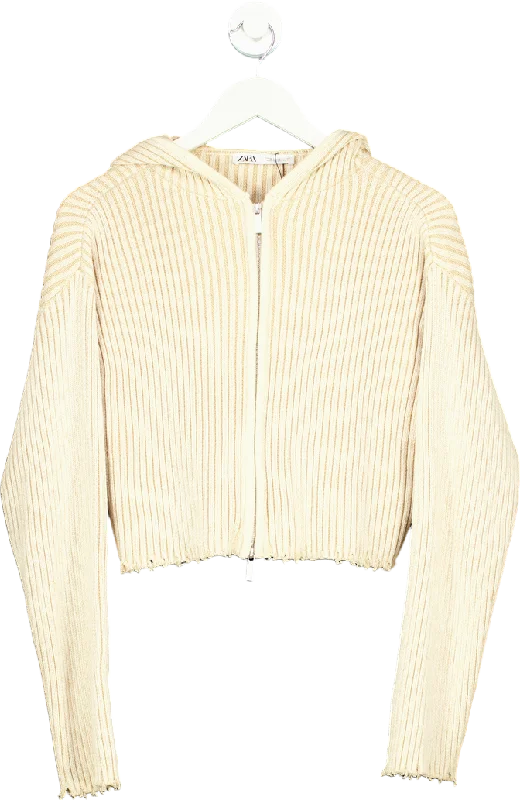 Zara Beige Ribbed Knit Hoodie UK M