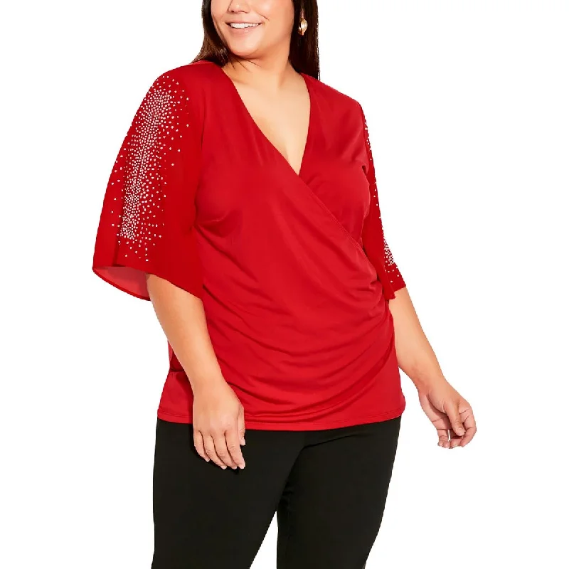 Avenue Womens Plus Matte Jersey Rhinestone Pullover Top