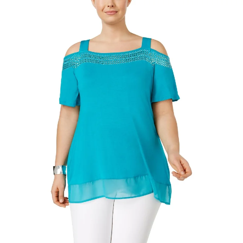 Belldini Womens Plus Embellished Cold Shoulder Pullover Top