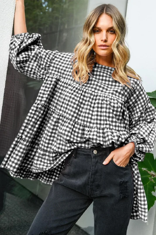 Black Plaid Drop Sleeve Tiered Oversized Blouse