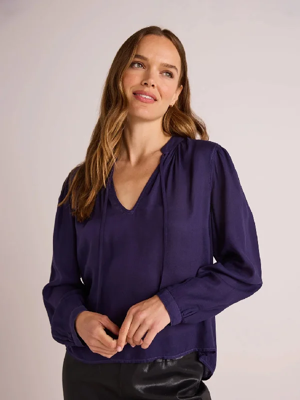 Flowy Tie Neck Pullover - Dark Sapphire