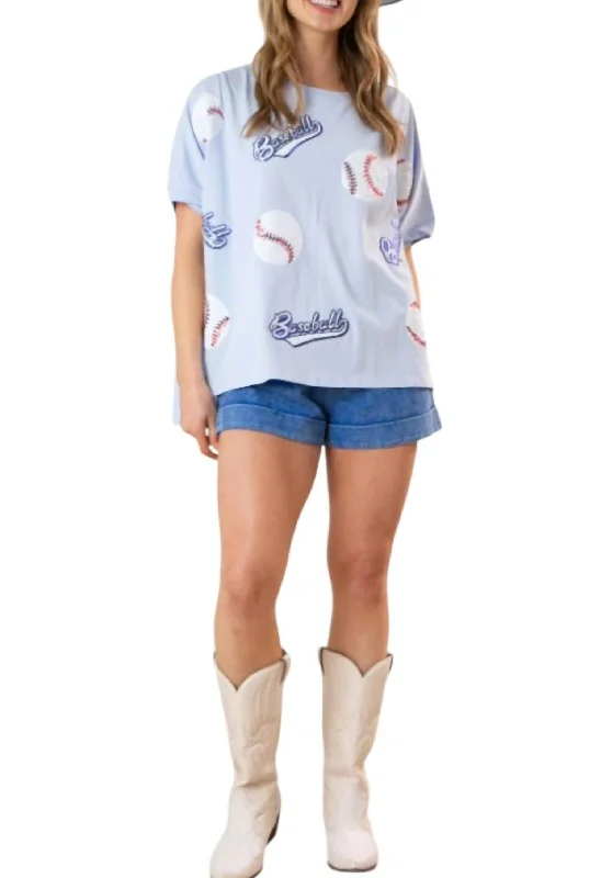 Sequin Baseball Oversized Top In Light Blue