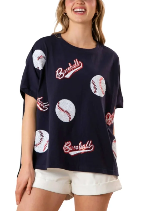 Sequin Baseball Oversized Top In Navy