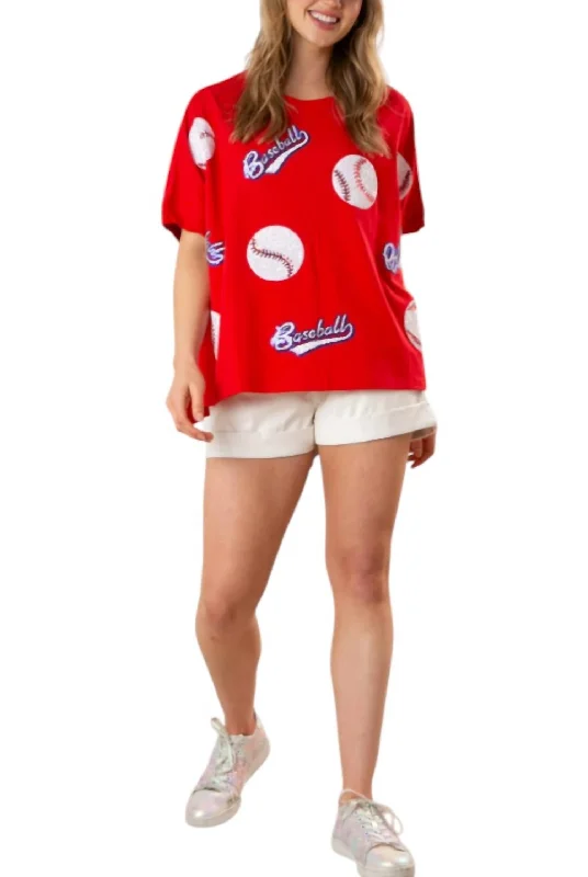 Sequin Baseball Oversized Top In Red