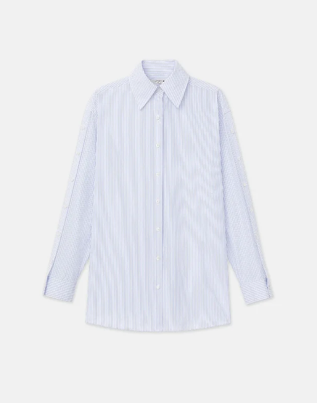 Stripe Cotton Poplin Button Sleeve Oversized Shirt