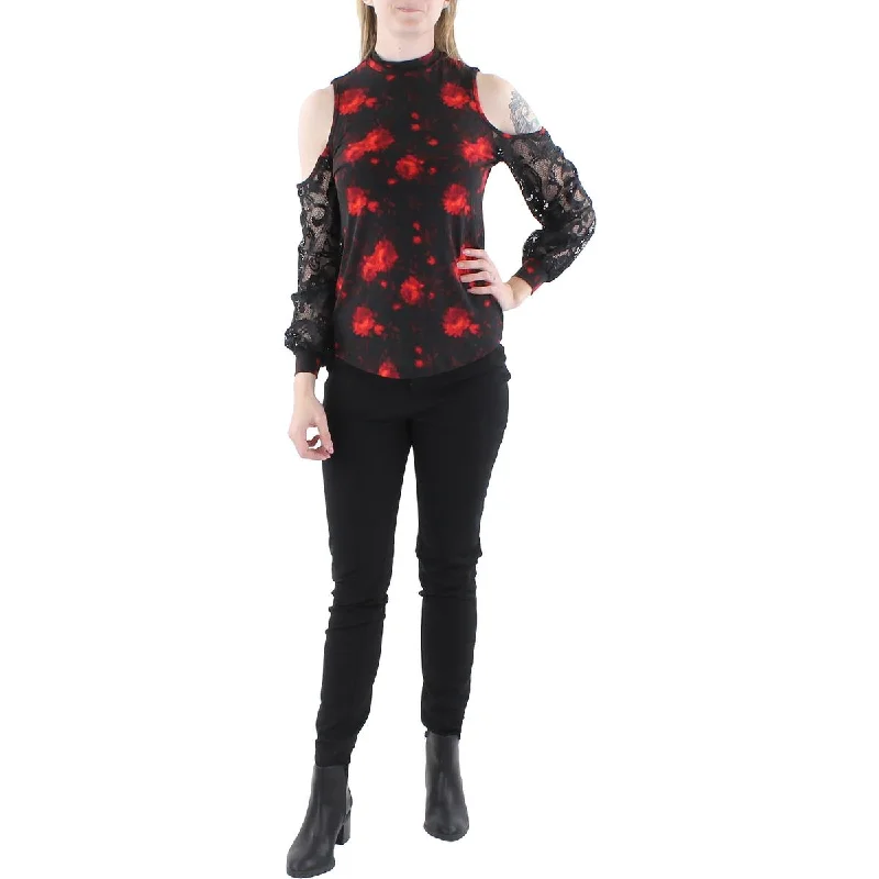 Willow Womens   Floral Print Mixed Media Pullover Top