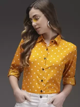 Women Polka Print Casual Yellow, White Shirt