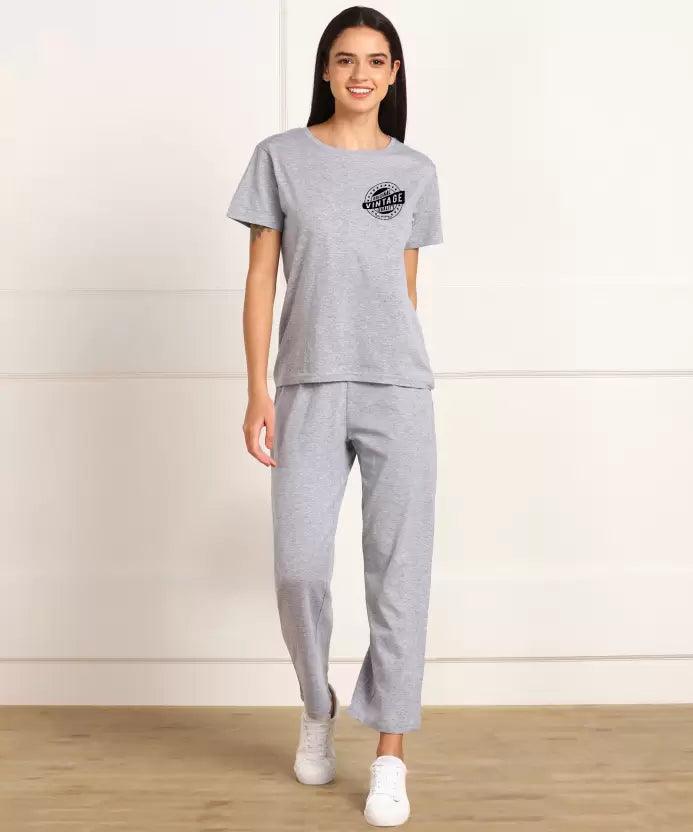 Women T-shirt & Pyjama Set Pure Soft Cotton - Grey Printed