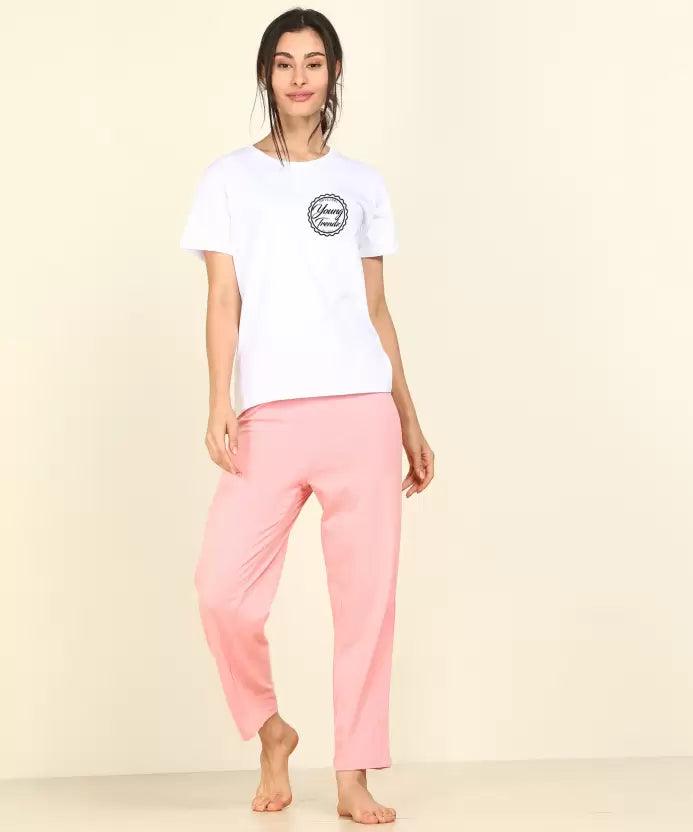 Women T-shirt & Pyjama Set Pure Soft Cotton (White, Pink)