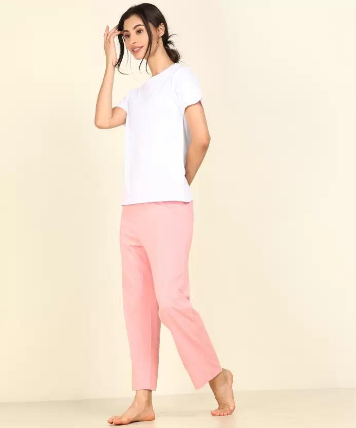 Women T-shirt & Pyjama Set Pure Soft Cotton - White-Pink