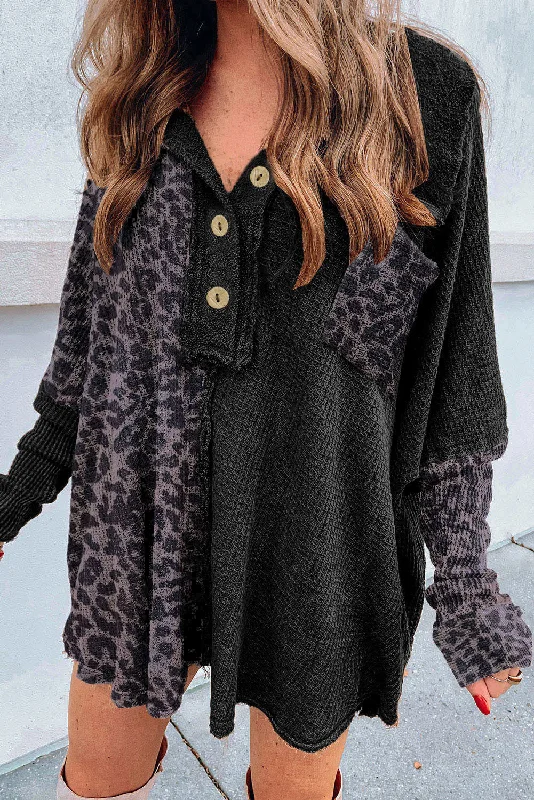 Black Waffle Knit and Leopard Print Color Block Oversized Henley Shirt