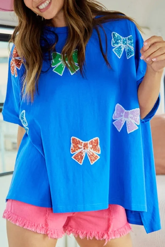 Blue Sequin Bowknot Print Round Neck Oversized T Shirt