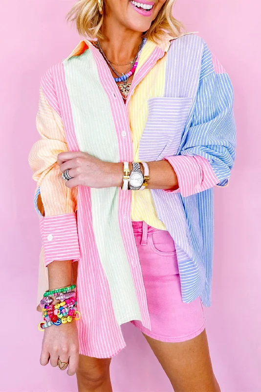 Pink Stripe Color Block Buttoned Oversized Shirt