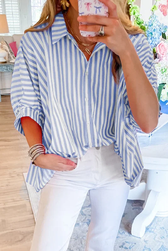 Wholesale Sky Blue Stripe Dolman Sleeve Oversized Blouse