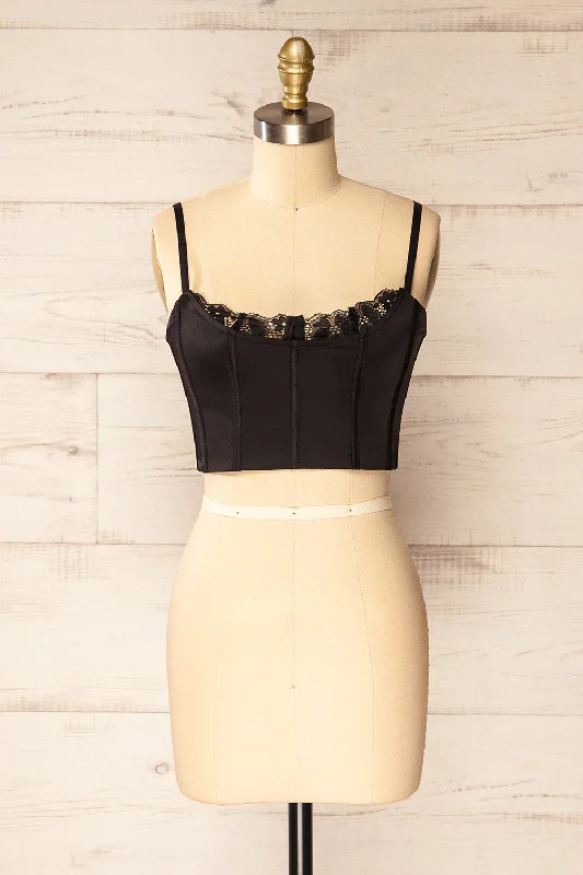 Bergen Black | Cropped Corset w/ Lace Trim