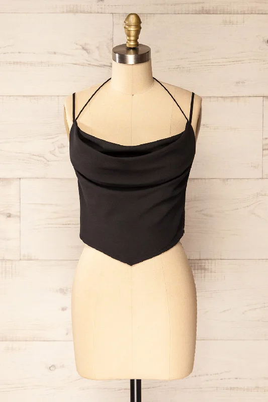 Beziers Black | Cowl Neck Cropped Satin Top