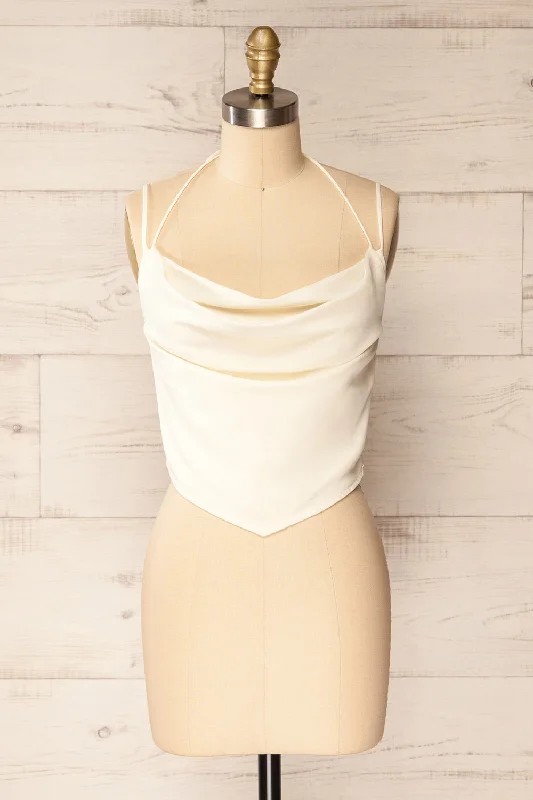 Beziers Ivory | Cowl Neck Cropped Satin Top