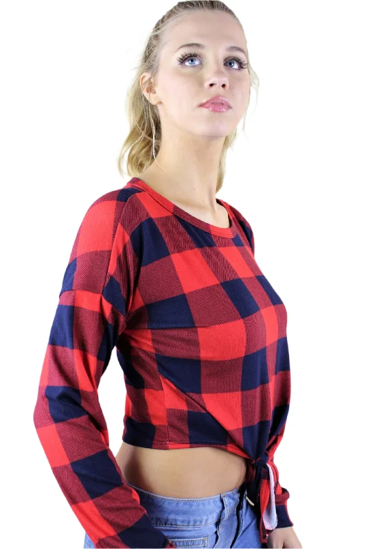 Women's Long Sleeve Plaid Crop Top