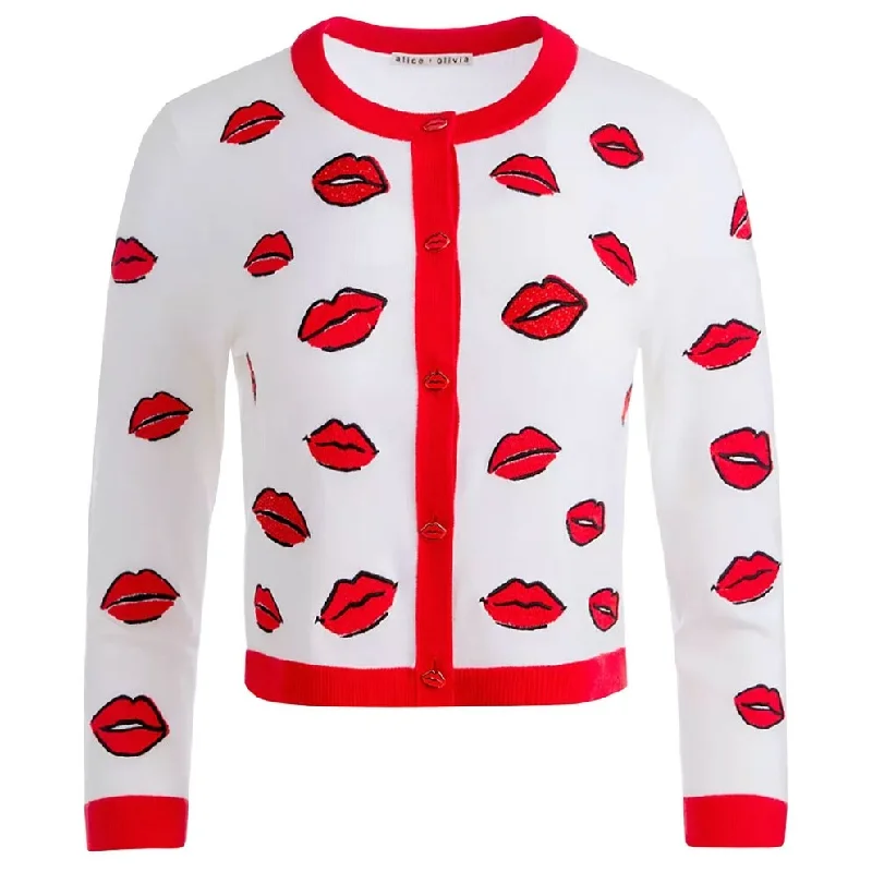 alice + olivia Daroda Kiss Crew Neck Cropped Cardigan, Soft White Multi