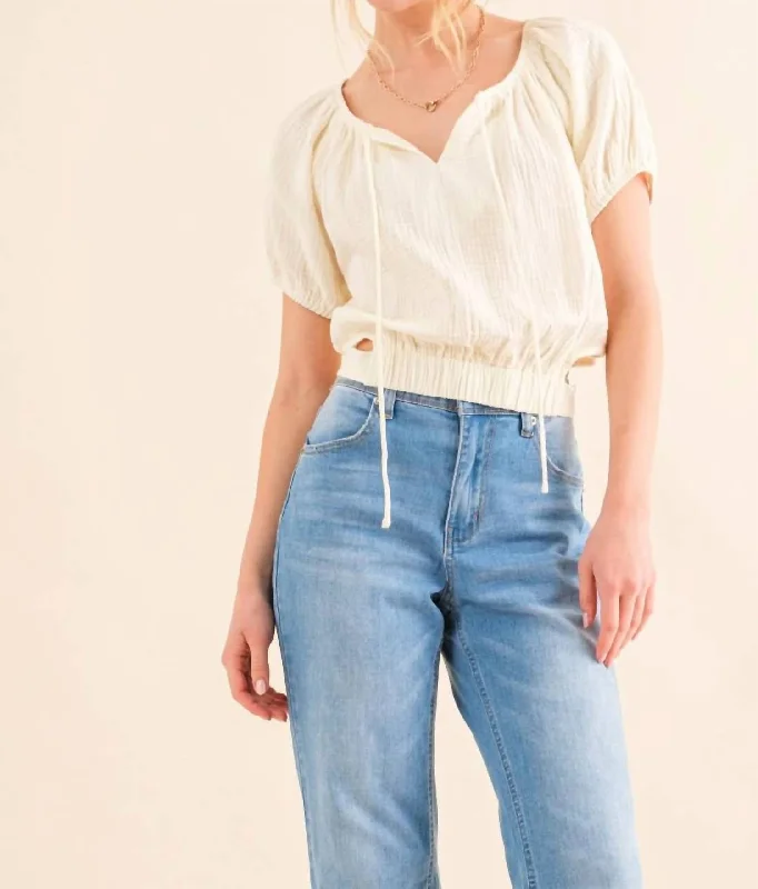 Back Waist Tie Cropped Blouse In Cream