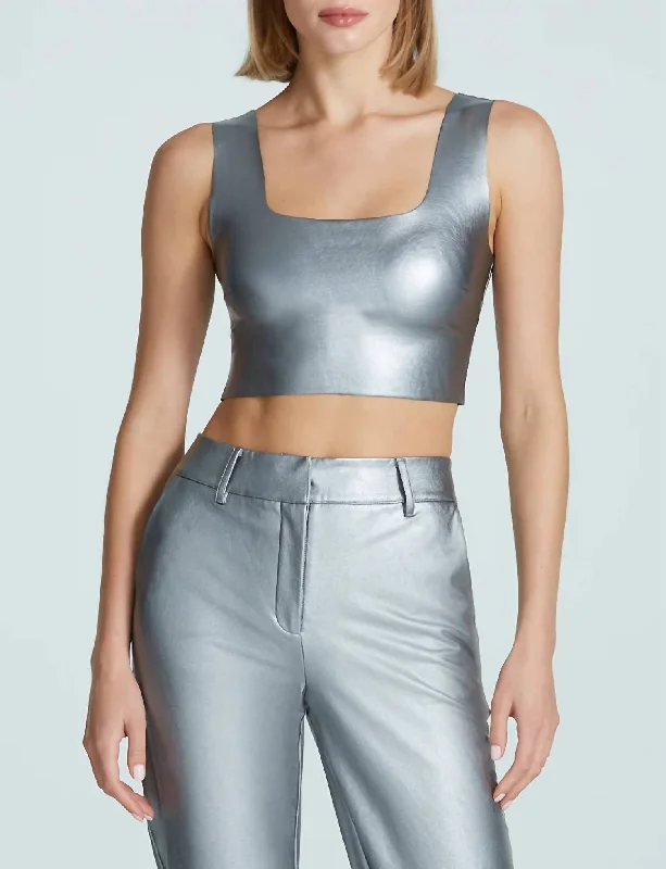 Faux Leather Squareneck Crop Top In Platinum