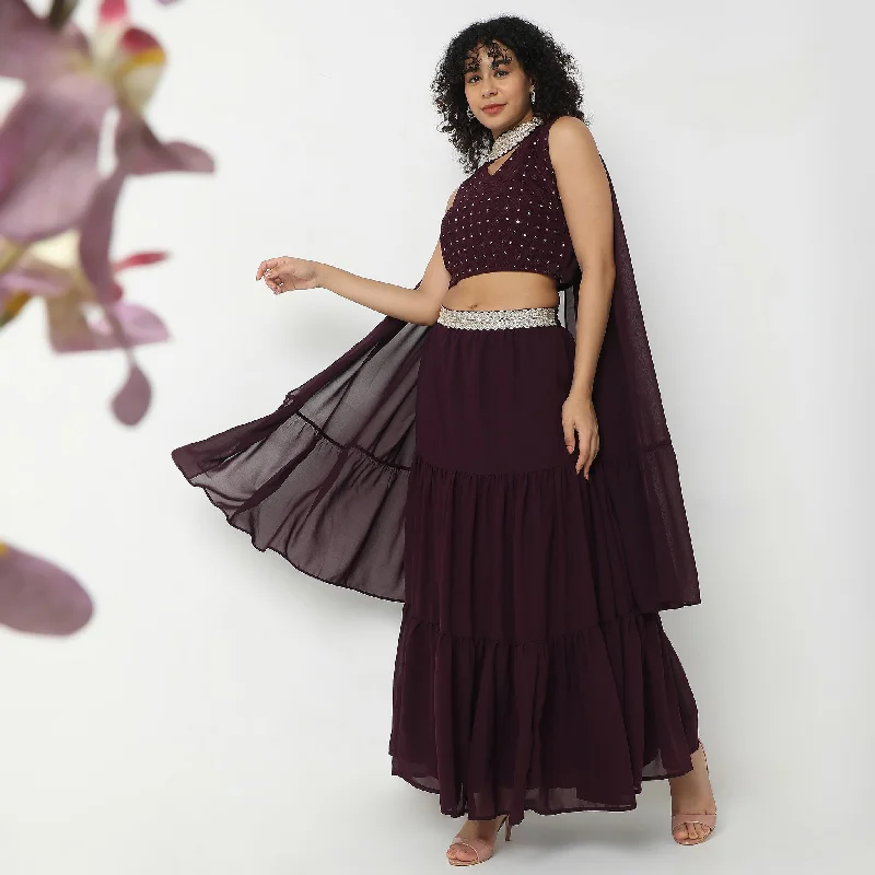 Flare Fit Embellished Ethnic Crop Top Skirt Set with  Dupatta