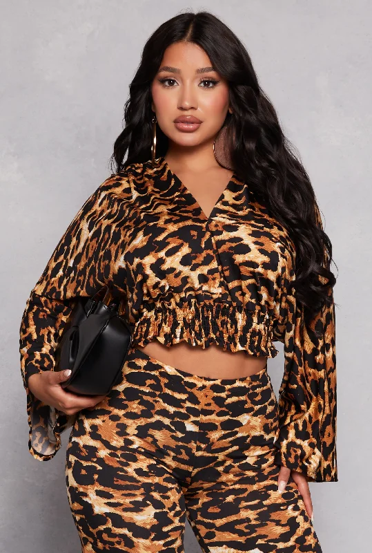 Leopard Print Smocked Hem Crop Top