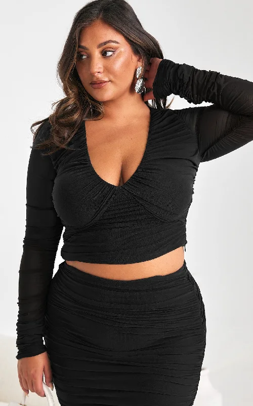 Melody Long Sleeve Mesh Crop Top - Black