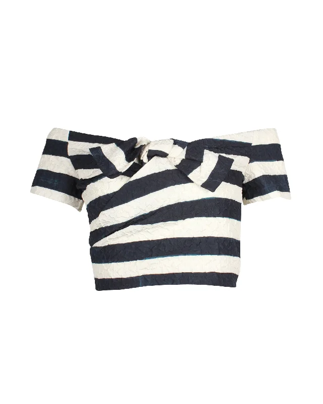 Saloni Striped Crop Top with Bow in White Polyester