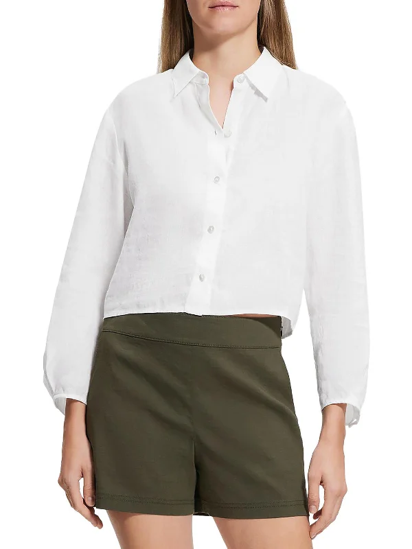 Womens Collared Cropped Button-Down Top