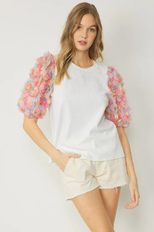 3D Floral Puff Sleeve Top, White