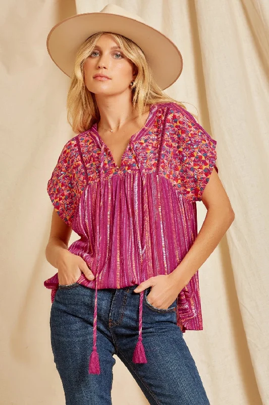 Striped Babydoll Embroidered Top, Magenta